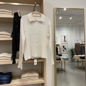 Vintage Plein Sud Face Paris crinkle stretch blouse ivory textured button front